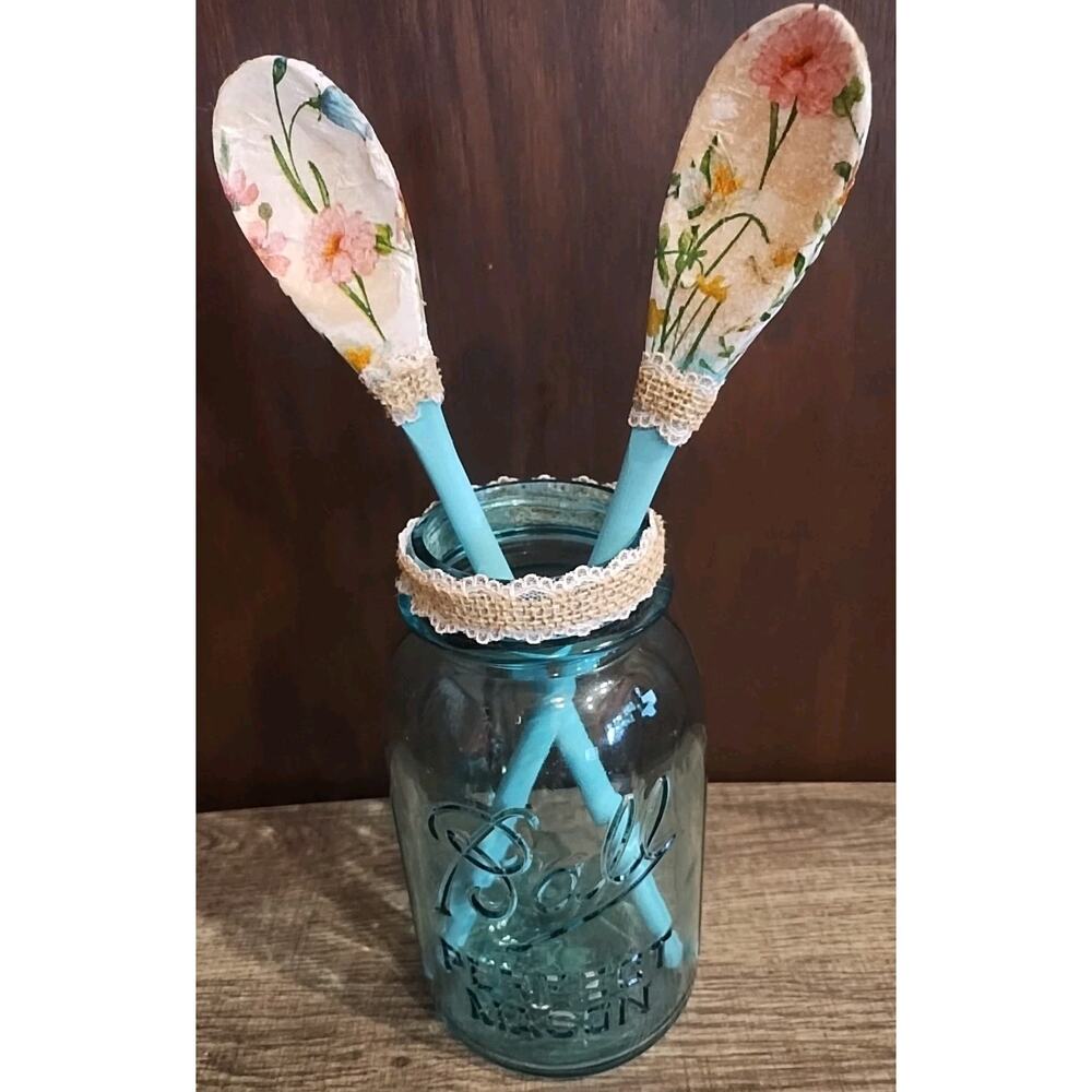 Vintage Farmhouse Cottagecore Blue Canning Jar & Painted Floral Wooden Spoons